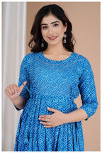 Blue Printed Cotton Maternity & Feeding Kurti with Side Zip