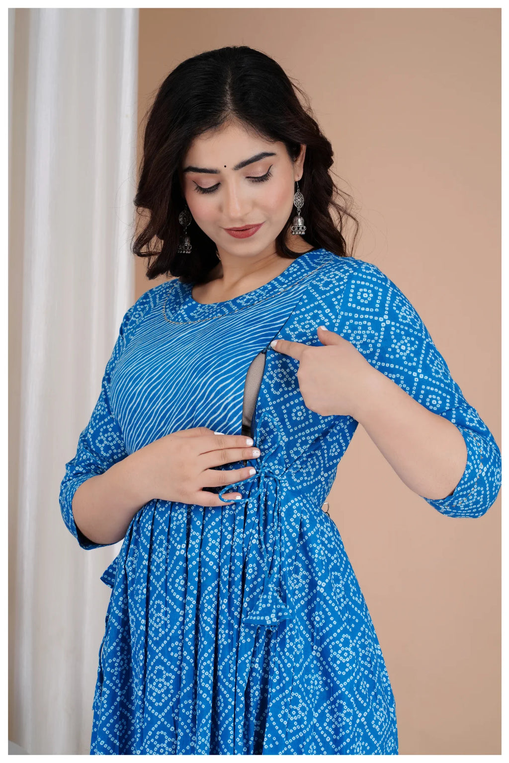 Blue Printed Cotton Maternity & Feeding Kurti with Side Zip