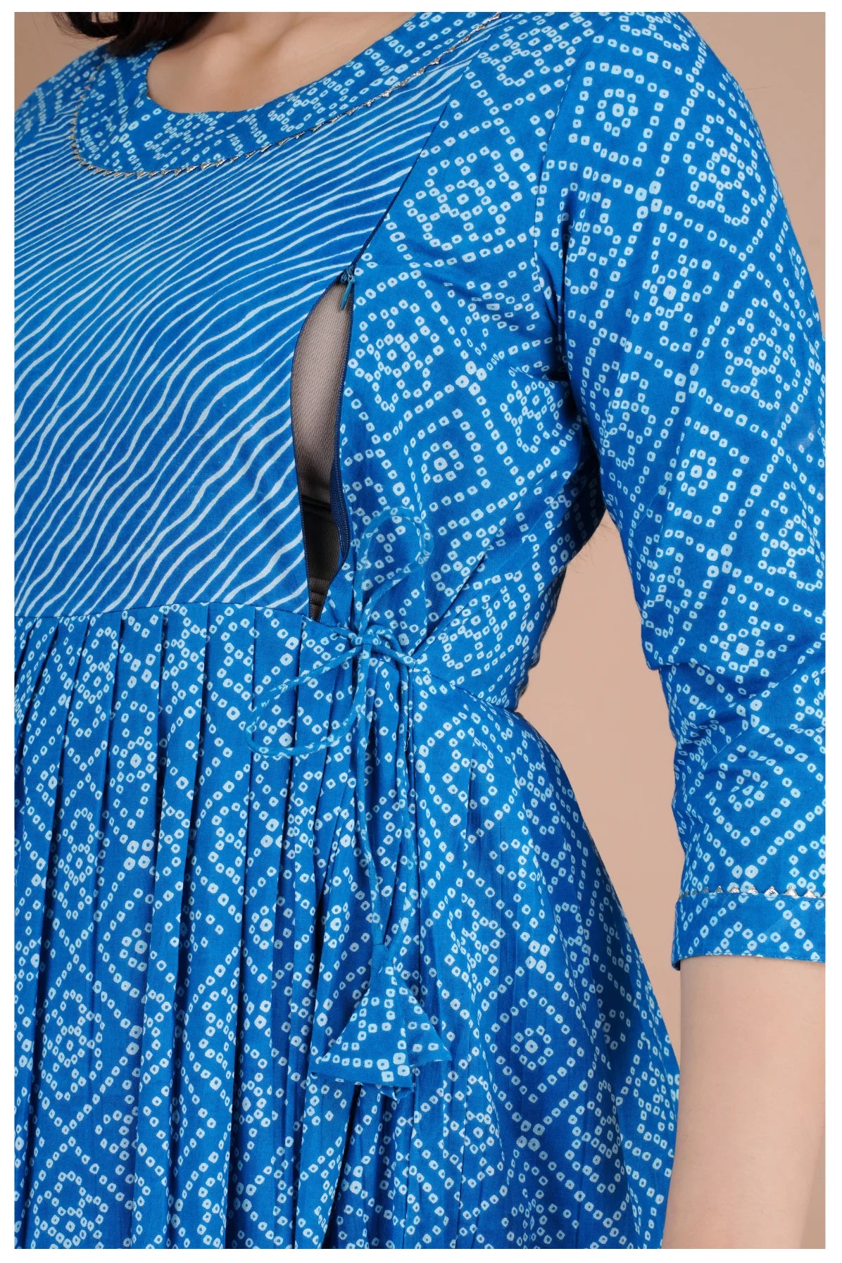 Blue Printed Cotton Maternity & Feeding Kurti with Side Zip