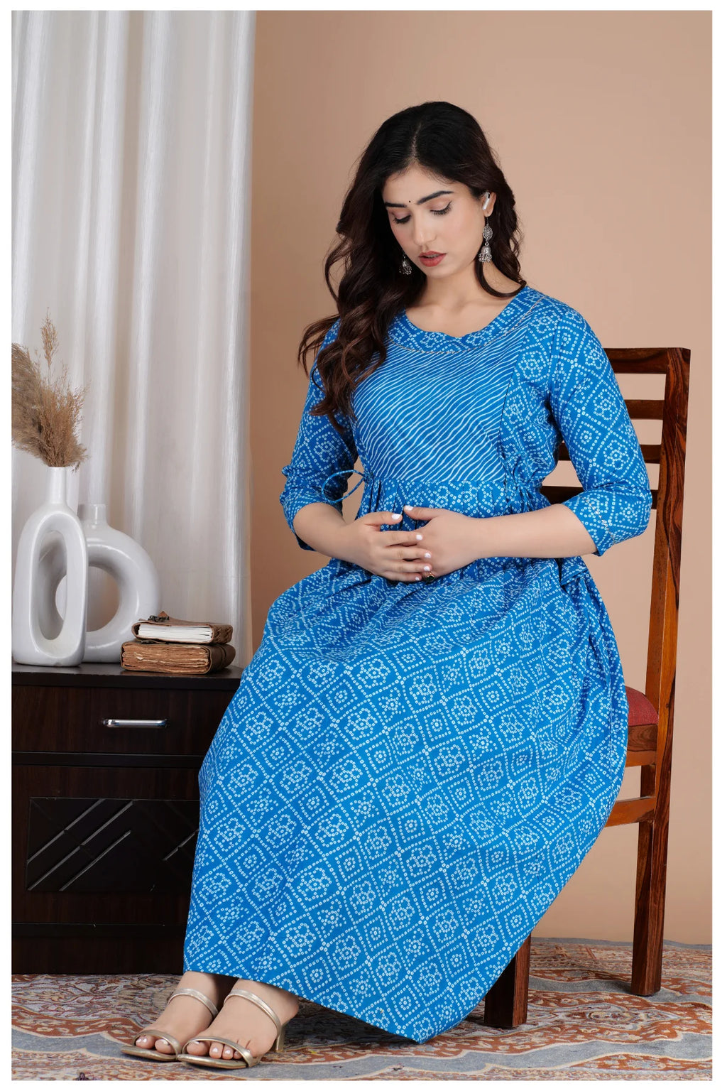 Blue Printed Cotton Maternity & Feeding Kurti with Side Zip