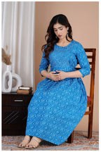 Blue Printed Cotton Maternity & Feeding Kurti with Side Zip