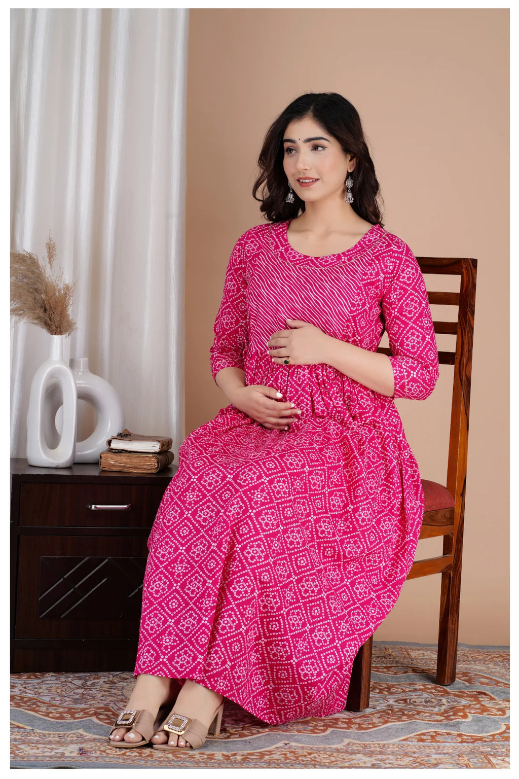 Pink Printed Cotton Maternity & Feeding Kurti with Side Zip