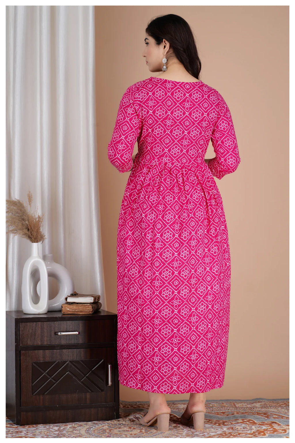 Pink Printed Cotton Maternity & Feeding Kurti with Side Zip