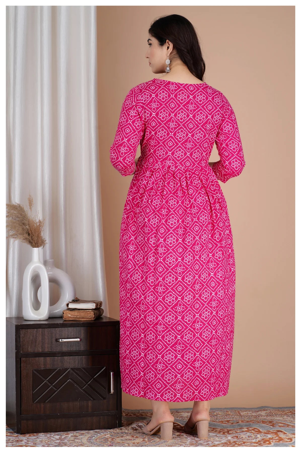 Pink Printed Cotton Maternity & Feeding Kurti with Side Zip