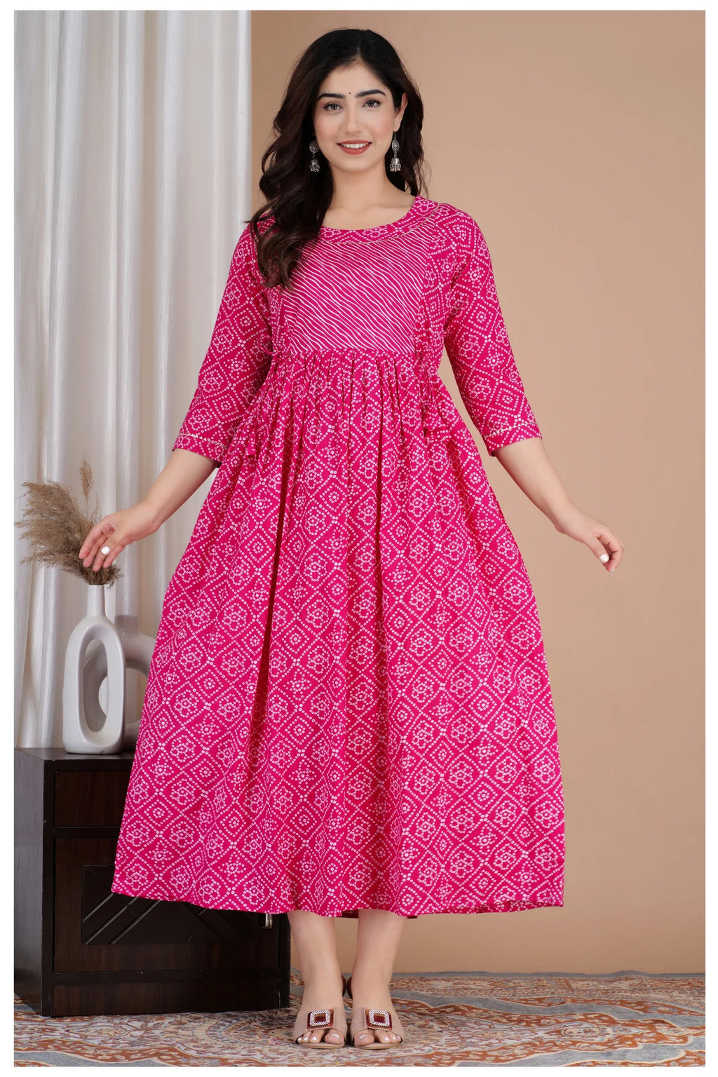 Pink Printed Cotton Maternity & Feeding Kurti with Side Zip