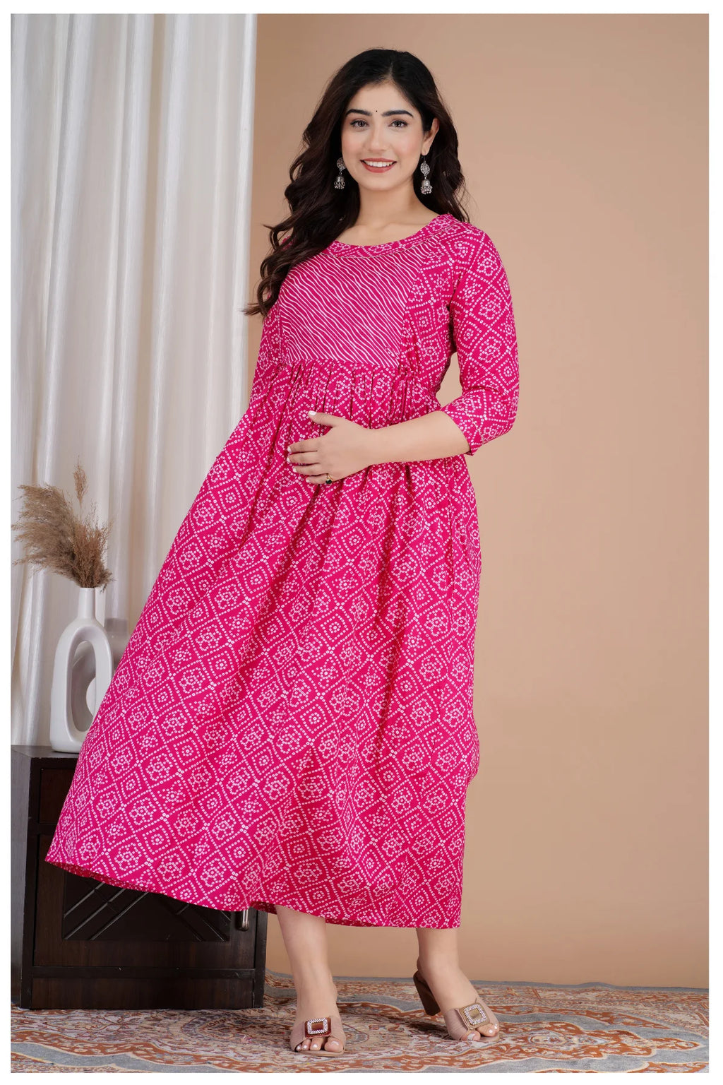 Pink Printed Cotton Maternity & Feeding Kurti with Side Zip