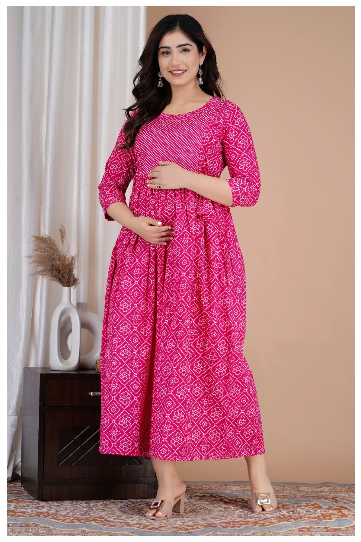 Pink Printed Cotton Maternity & Feeding Kurti with Side Zip