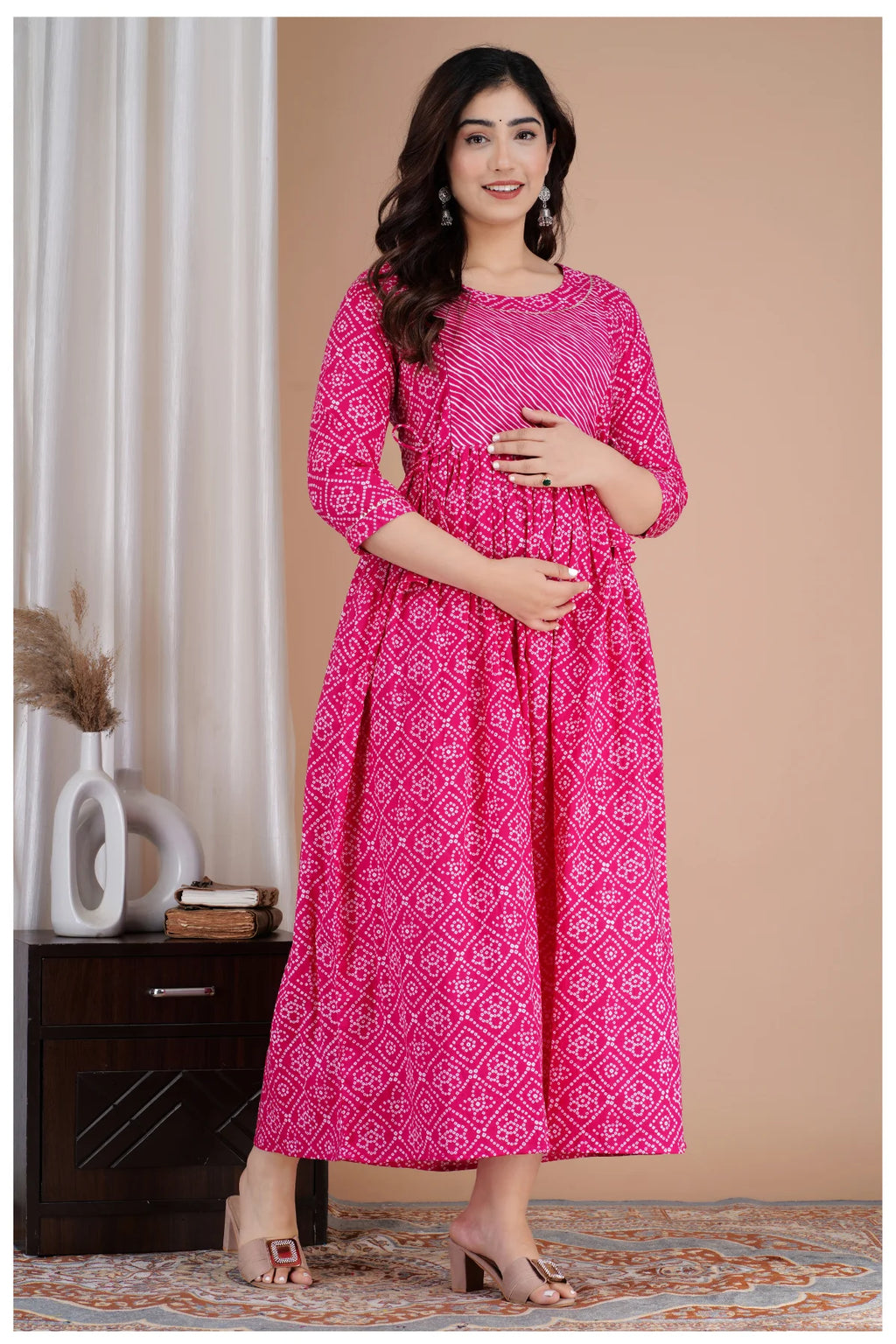 Pink Printed Cotton Maternity & Feeding Kurti with Side Zip