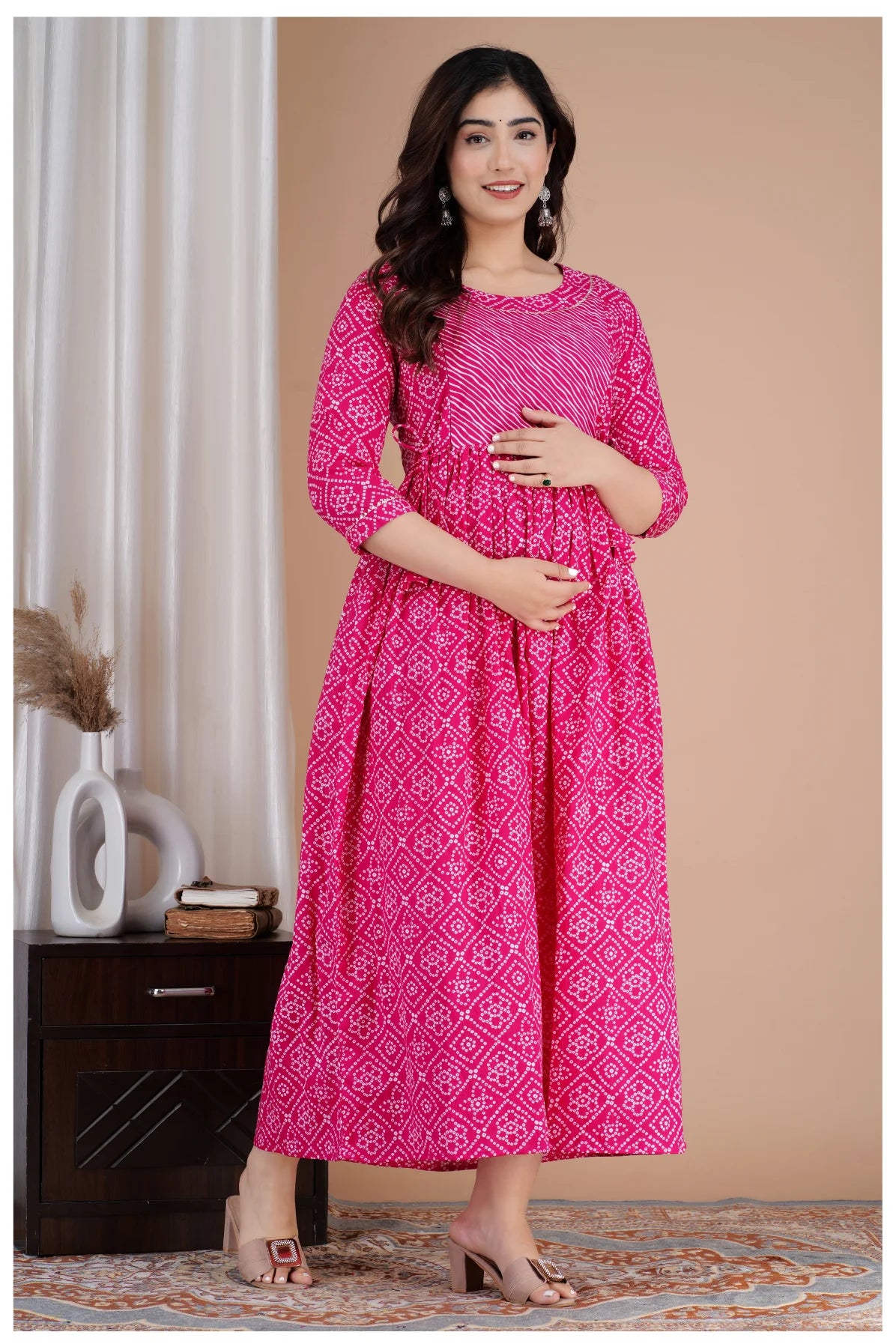 Pink Printed Cotton Maternity & Feeding Kurti with Side Zip
