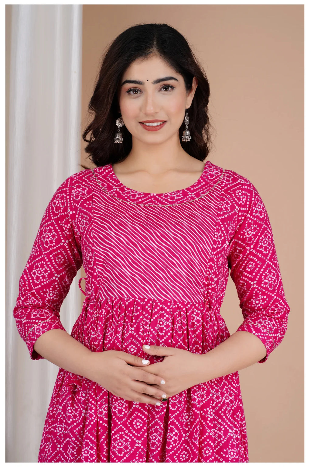 Pink Printed Cotton Maternity & Feeding Kurti with Side Zip