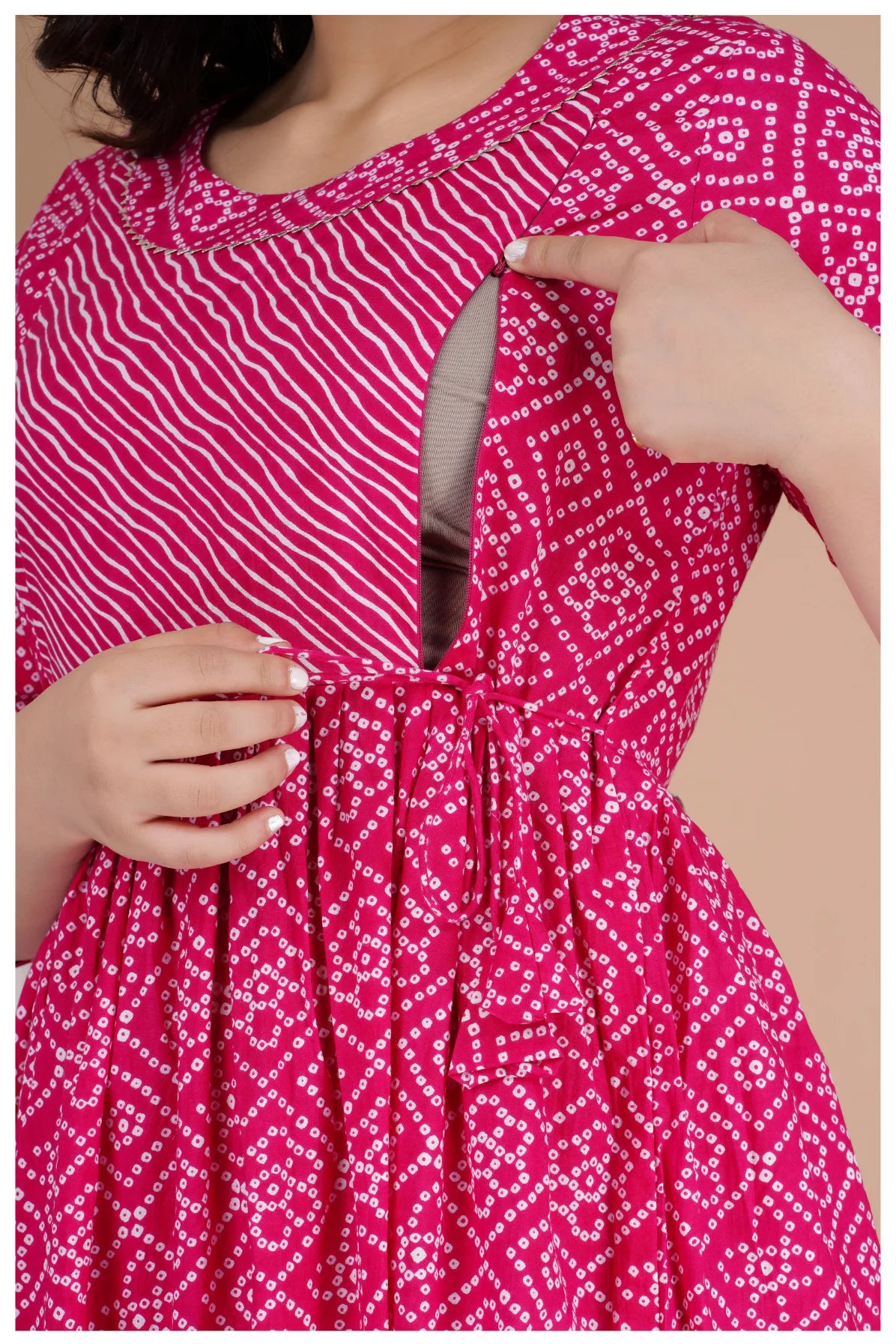 Pink Printed Cotton Maternity & Feeding Kurti with Side Zip