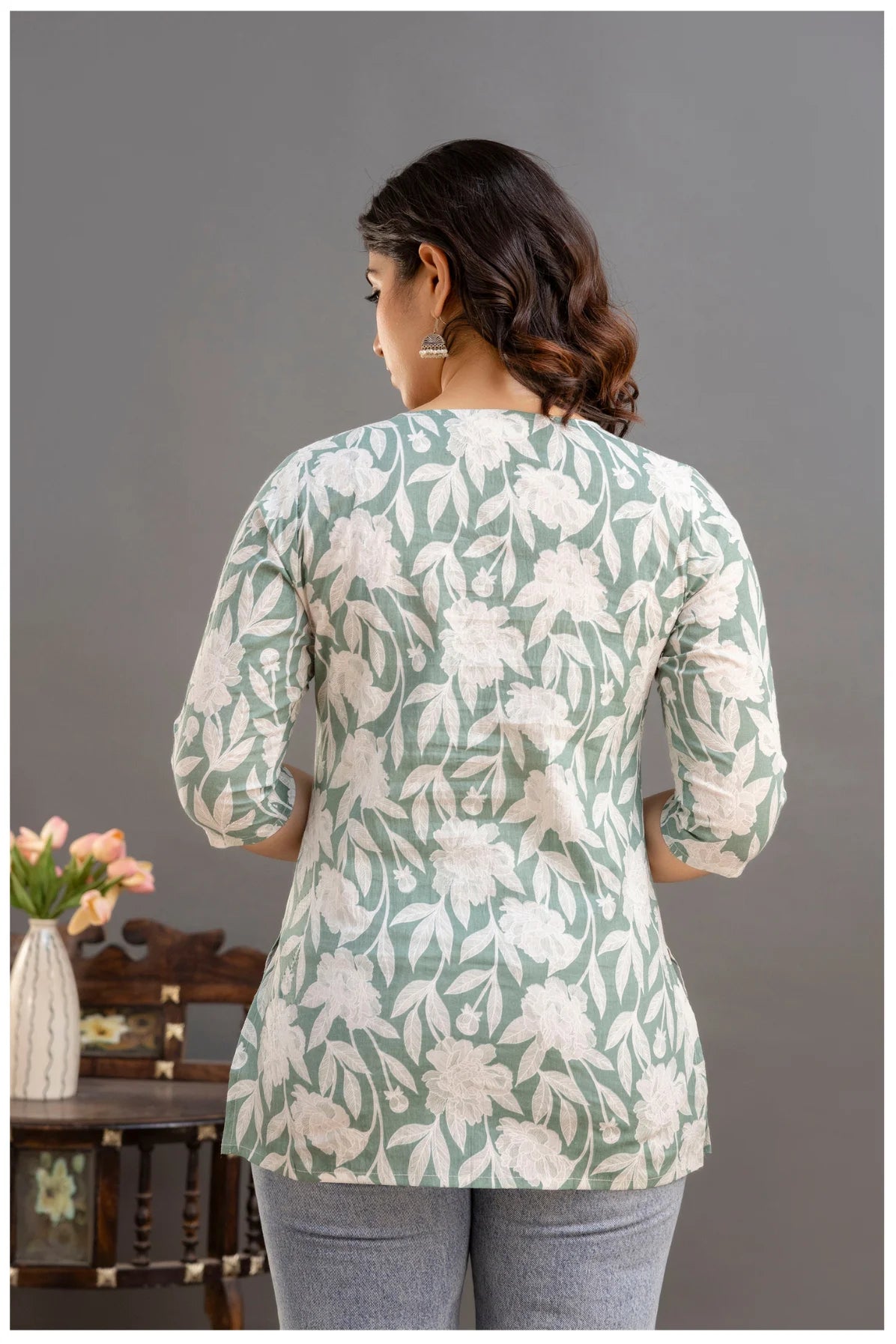 Sage Green Floral Print Cotton Kurti Top for Women