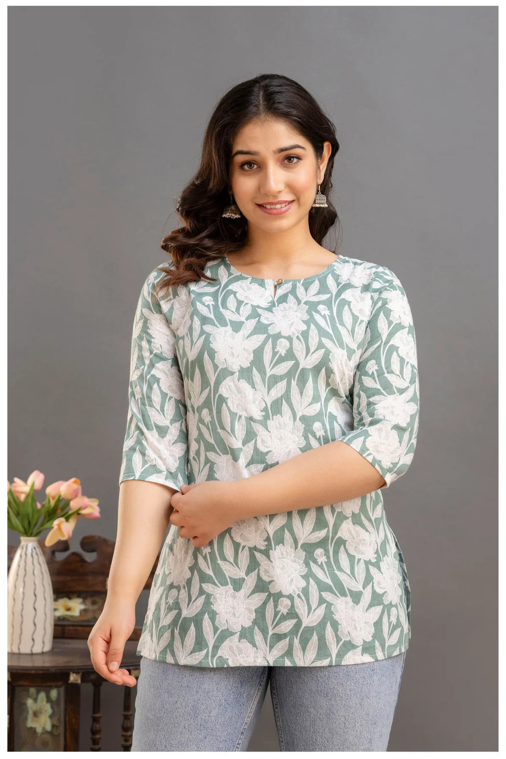 Sage Green Floral Print Cotton Kurti Top for Women