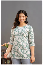 Sage Green Floral Print Cotton Kurti Top for Women