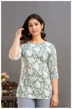 Sage Green Floral Print Cotton Kurti Top for Women