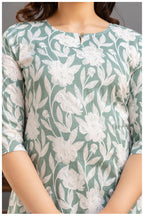 Sage Green Floral Print Cotton Kurti Top for Women
