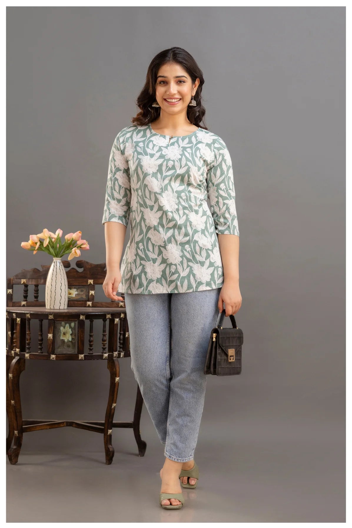 Sage Green Floral Print Cotton Kurti Top for Women