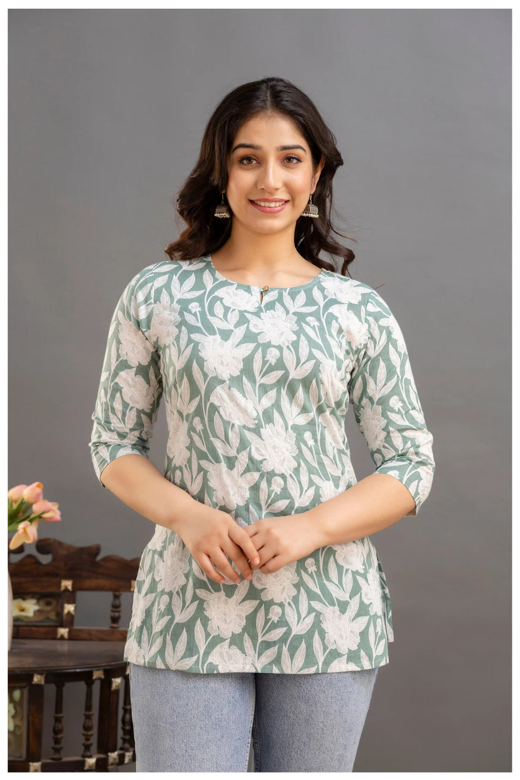 Sage Green Floral Print Cotton Kurti Top for Women