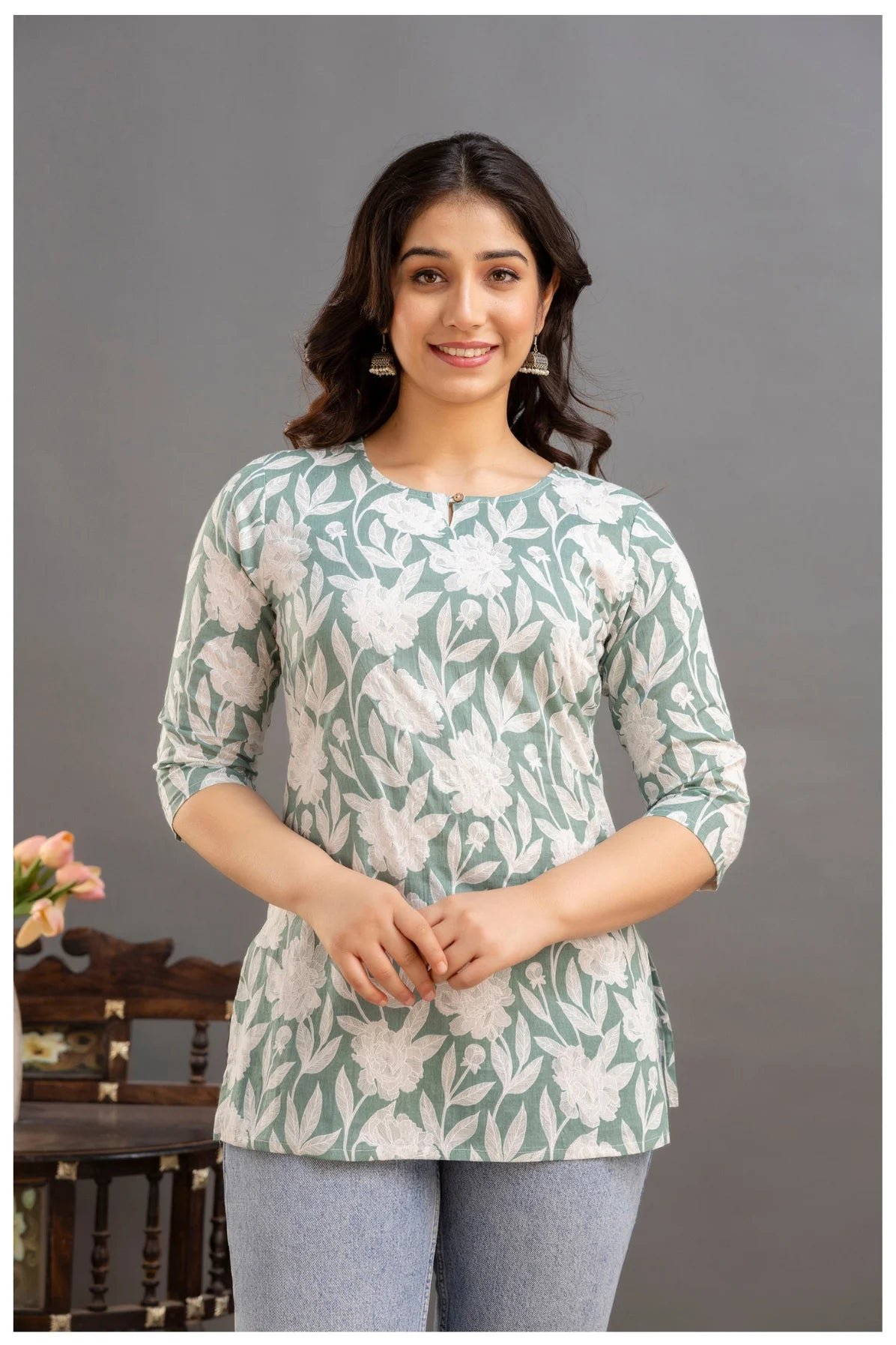 Sage Green Floral Print Cotton Kurti Top for Women