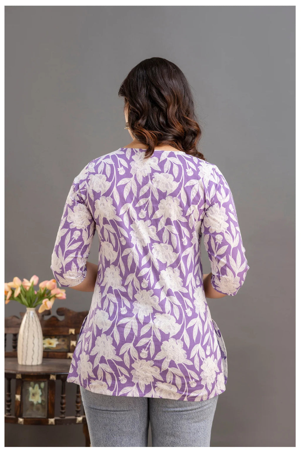 Lavender Floral Print Cotton Kurti Top for Women