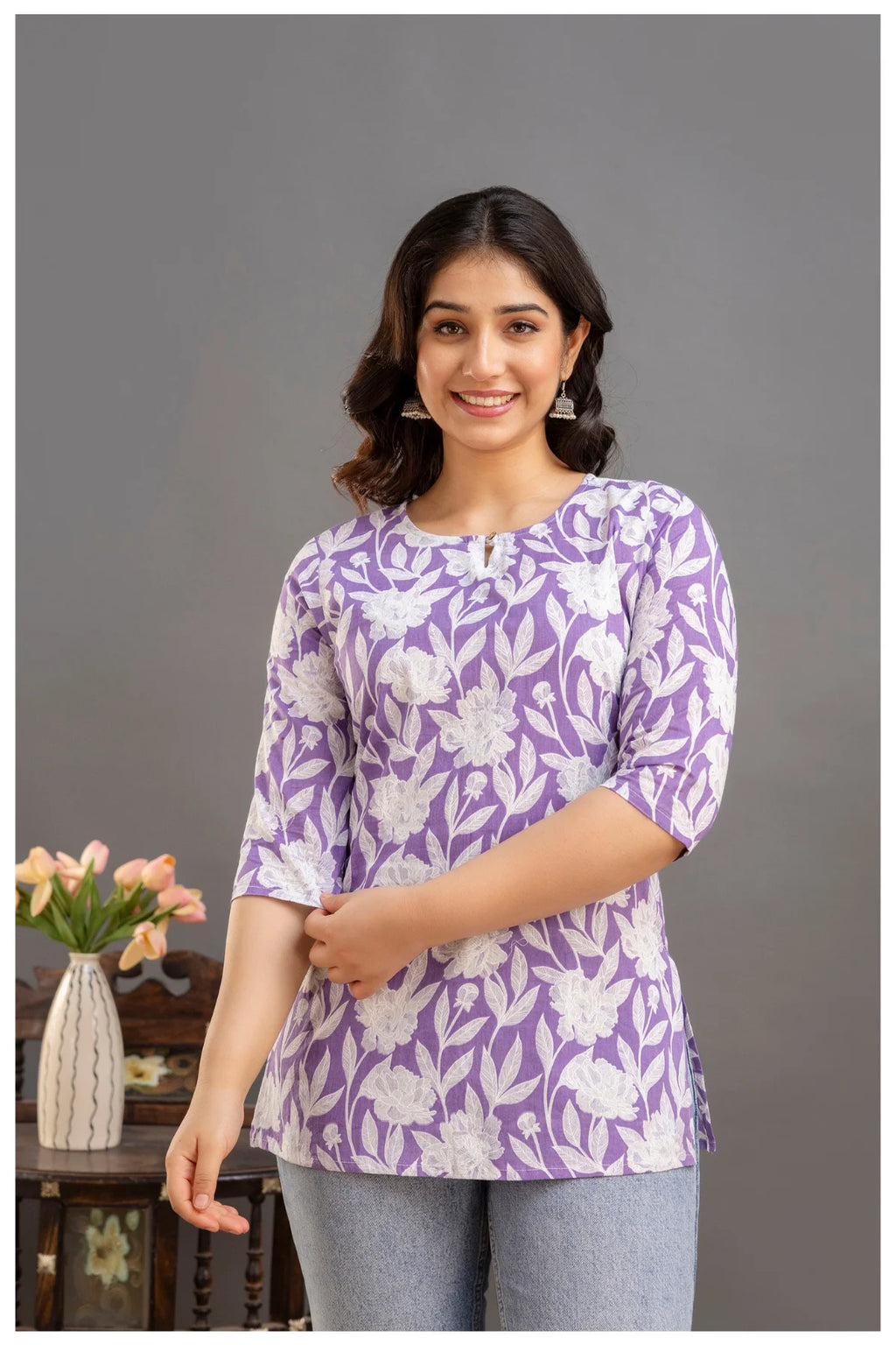 Lavender Floral Print Cotton Kurti Top for Women
