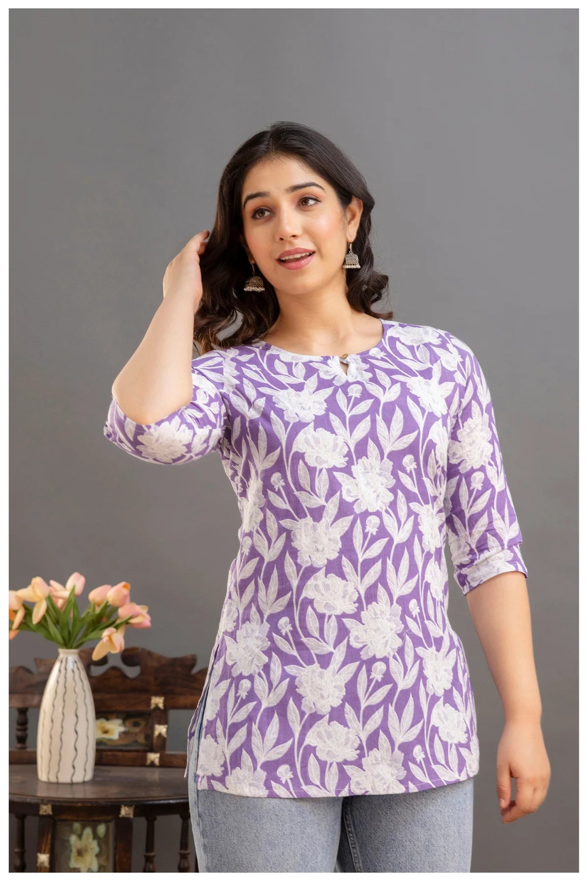 Lavender Floral Print Cotton Kurti Top for Women
