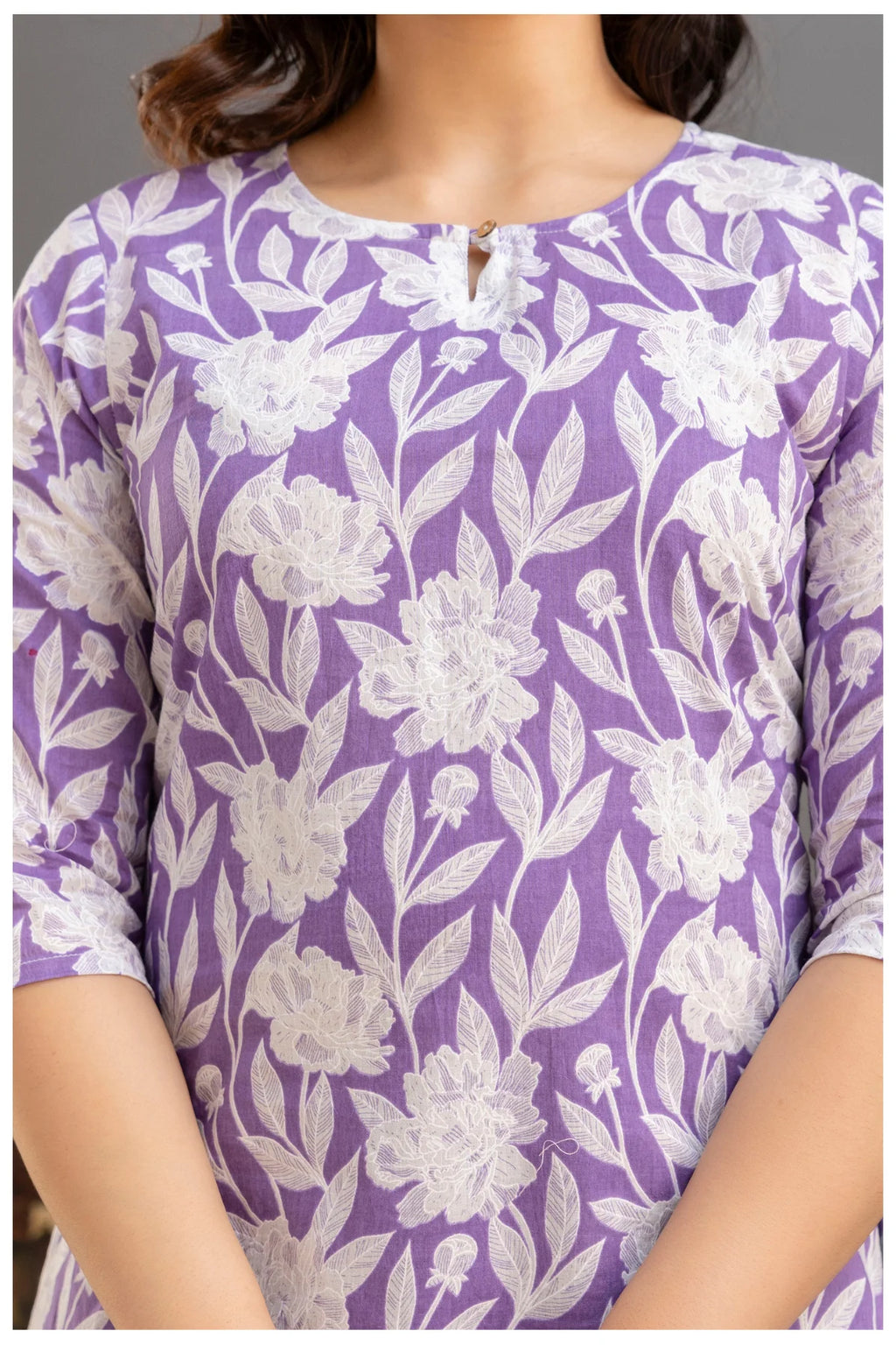 Lavender Floral Print Cotton Kurti Top for Women
