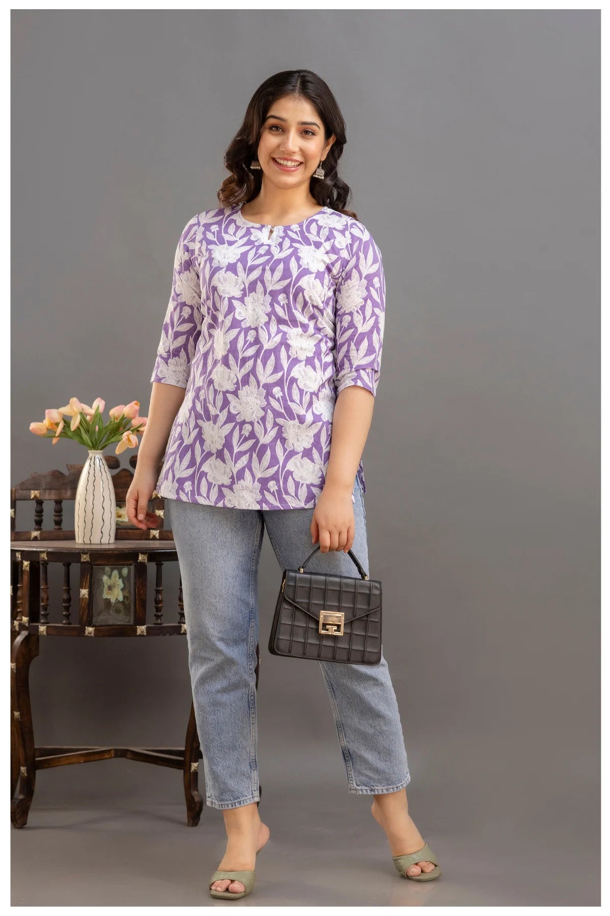 Lavender Floral Print Cotton Kurti Top for Women