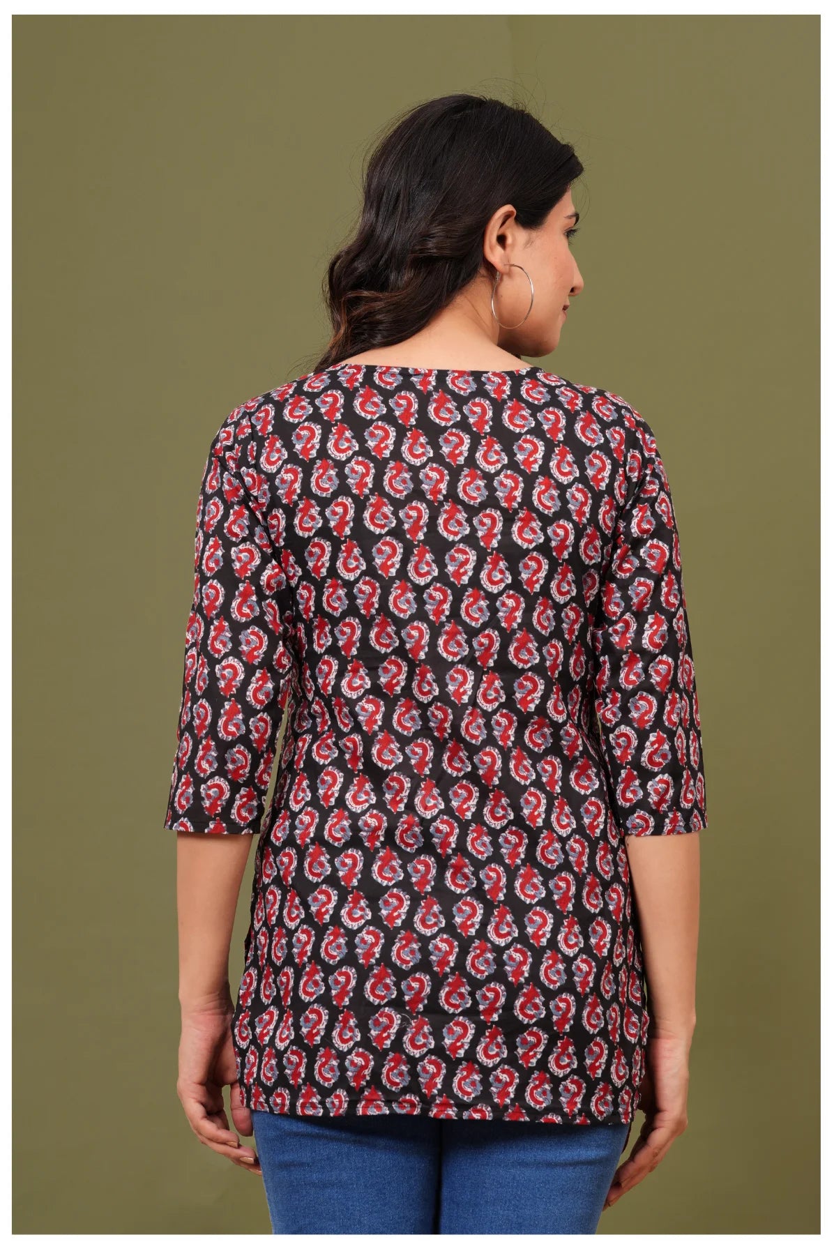 Black & Red Paisley Print Cotton Kurti Top for Women