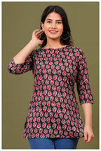 Black & Red Paisley Print Cotton Kurti Top for Women