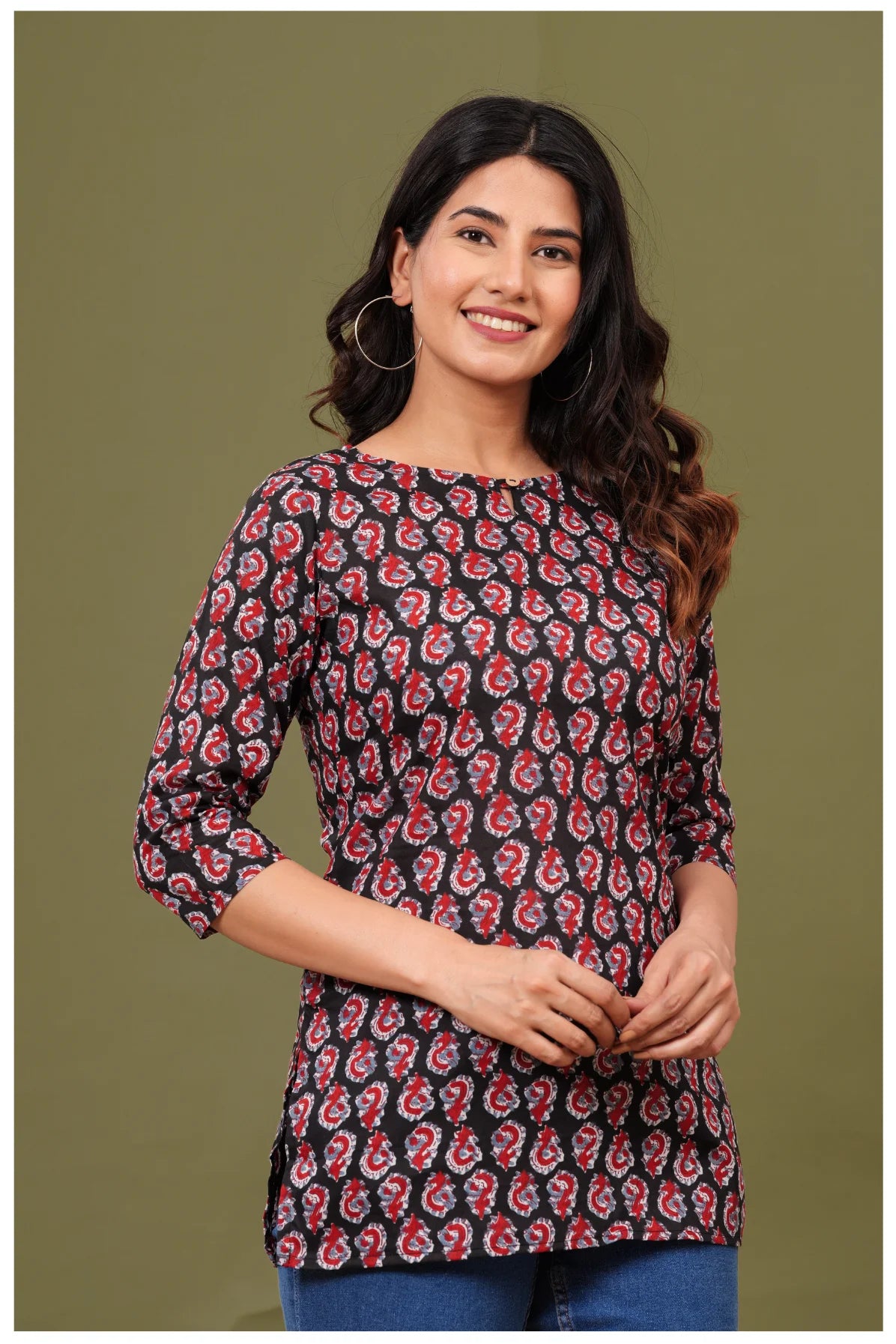 Black & Red Paisley Print Cotton Kurti Top for Women