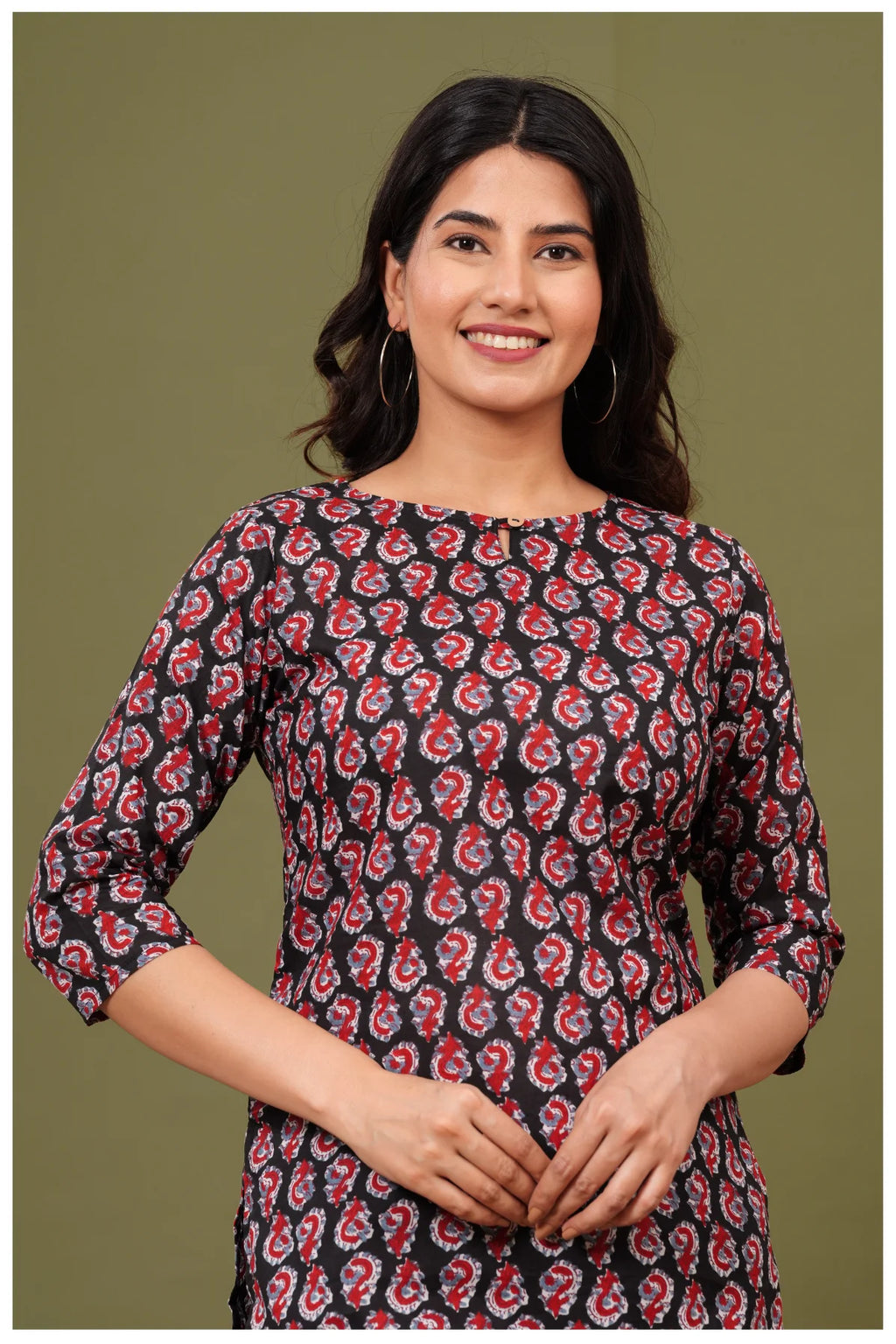 Black & Red Paisley Print Cotton Kurti Top for Women