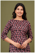 Black & Red Paisley Print Cotton Kurti Top for Women