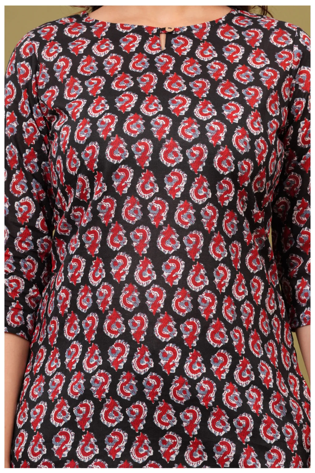 Black & Red Paisley Print Cotton Kurti Top for Women