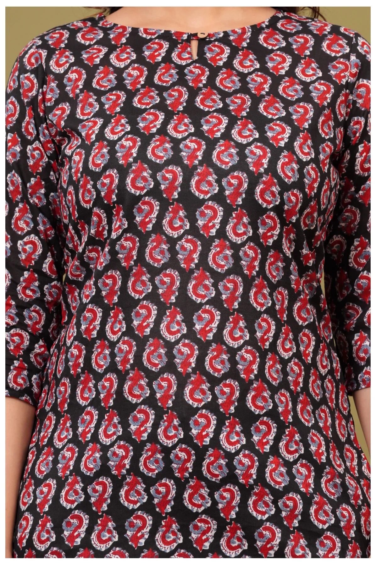 Black & Red Paisley Print Cotton Kurti Top for Women