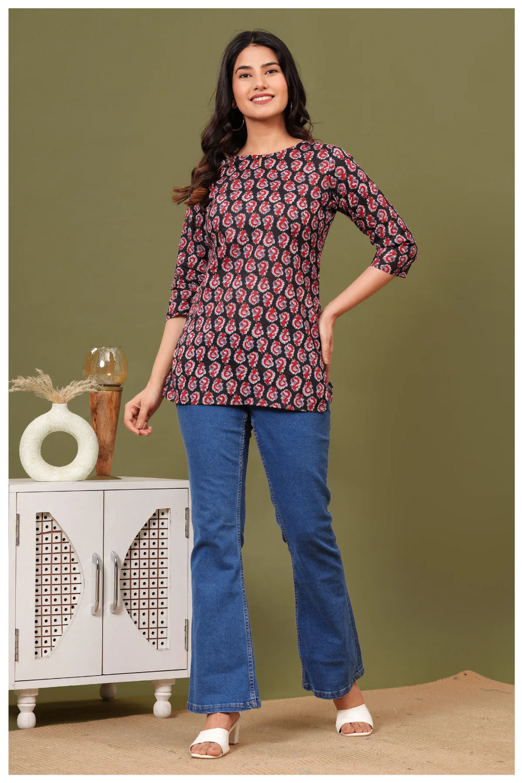 Black & Red Paisley Print Cotton Kurti Top for Women