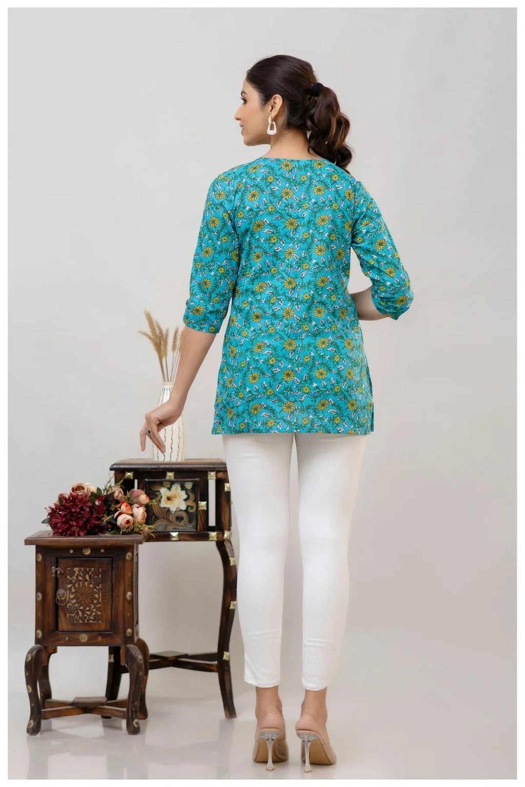 Teal Blue Floral Print Cotton Kurti Top for Women