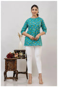Teal Blue Floral Print Cotton Kurti Top for Women