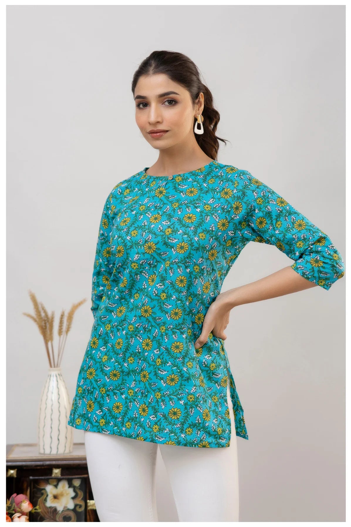 Teal Blue Floral Print Cotton Kurti Top for Women