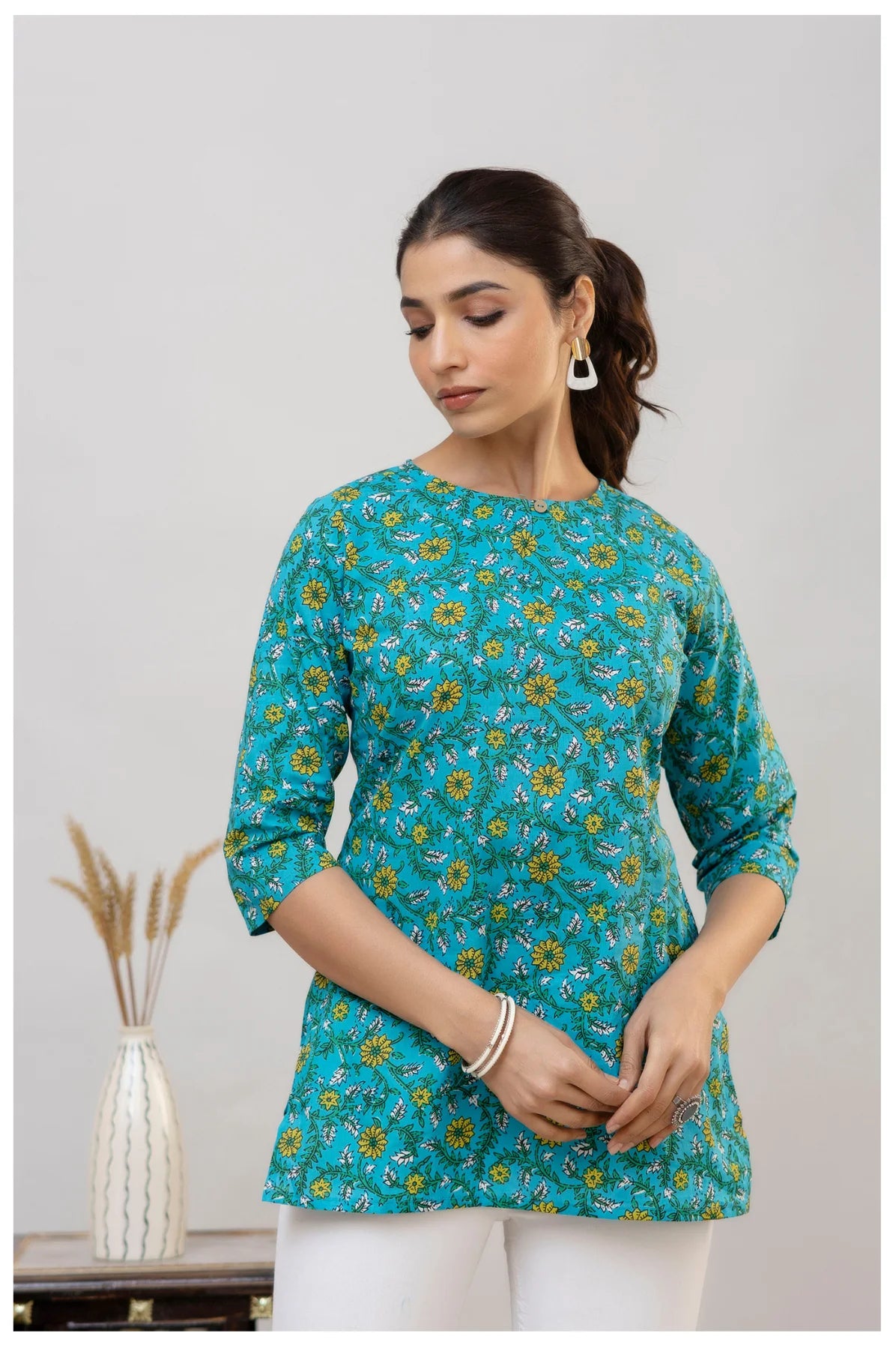 Teal Blue Floral Print Cotton Kurti Top for Women