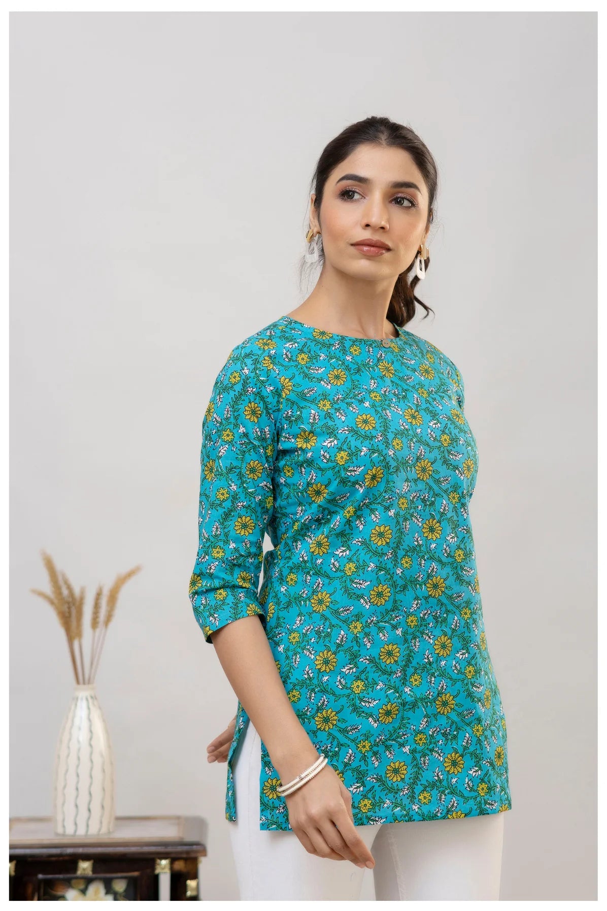 Teal Blue Floral Print Cotton Kurti Top for Women