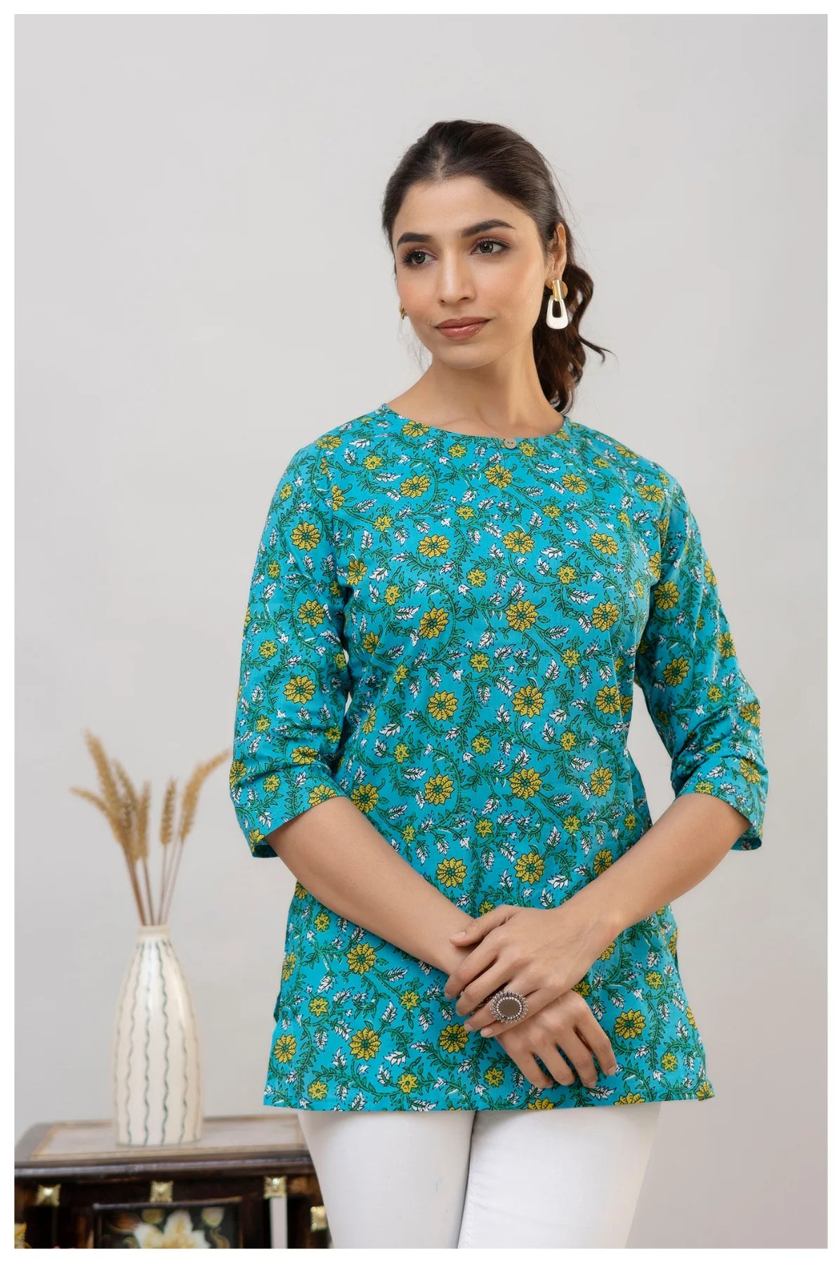 Teal Blue Floral Print Cotton Kurti Top for Women