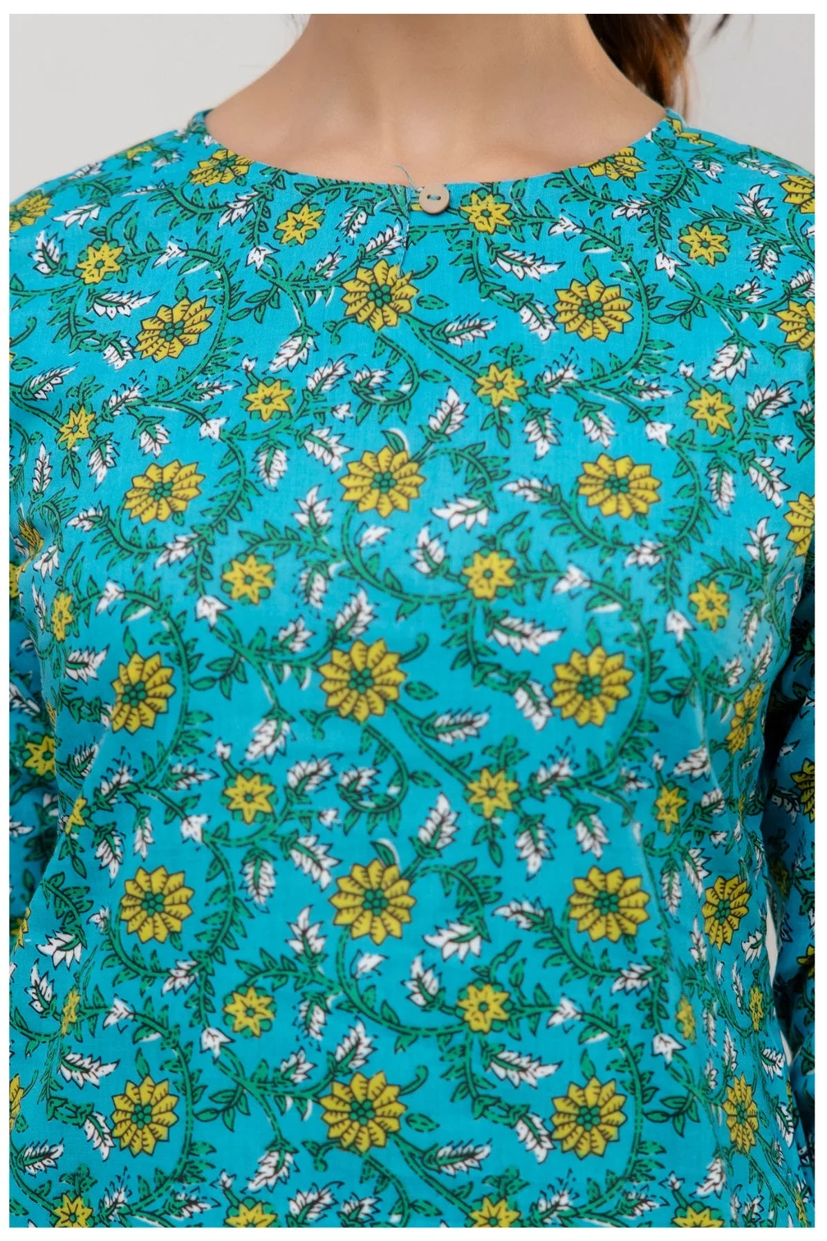 Teal Blue Floral Print Cotton Kurti Top for Women