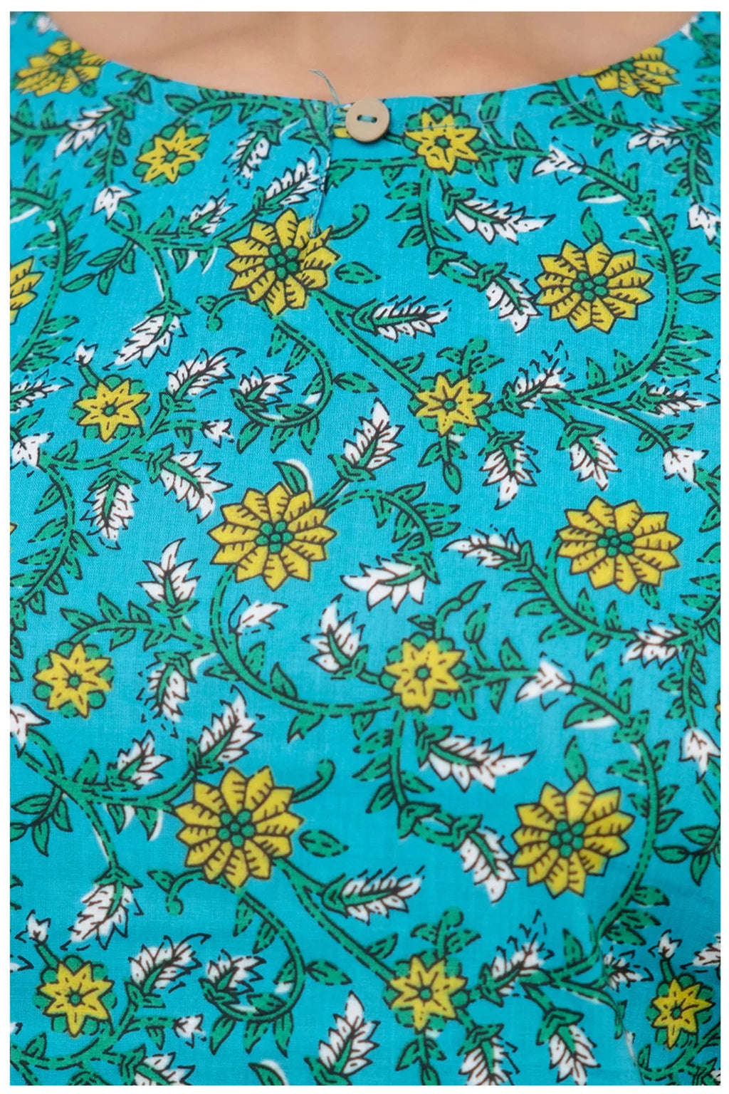 Teal Blue Floral Print Cotton Kurti Top for Women