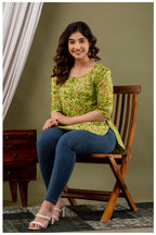 Olive Green Floral Print Cotton Kurti Top for Women