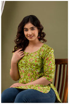 Olive Green Floral Print Cotton Kurti Top for Women