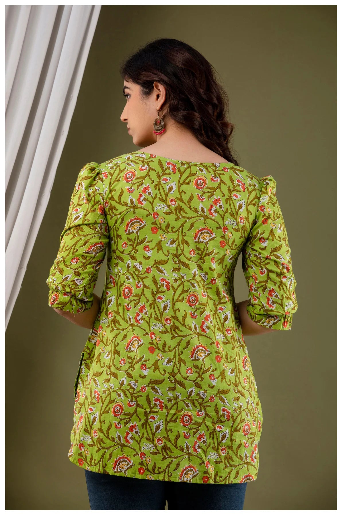 Olive Green Floral Print Cotton Kurti Top for Women