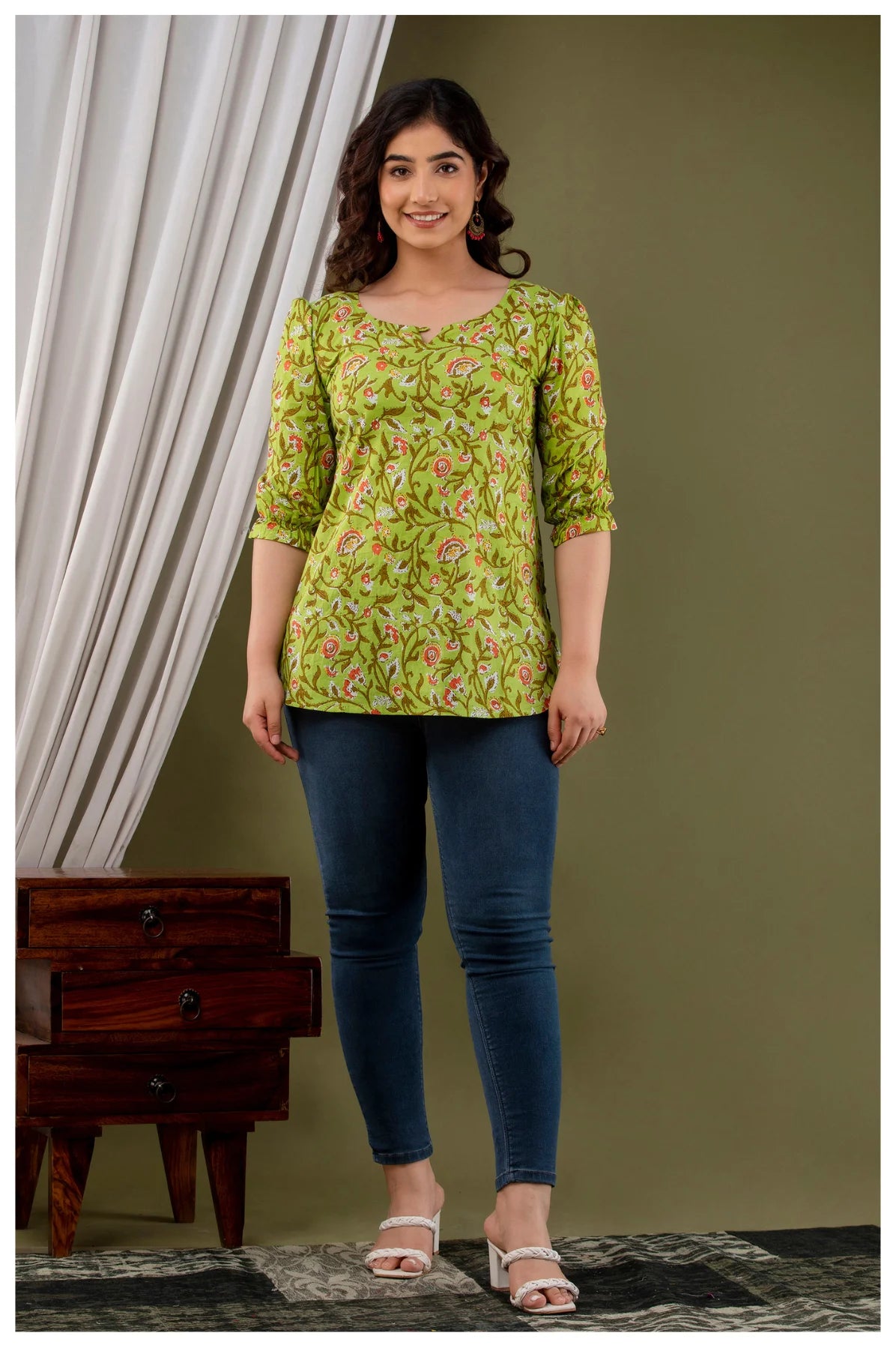 Olive Green Floral Print Cotton Kurti Top for Women