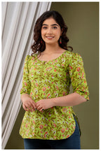 Olive Green Floral Print Cotton Kurti Top for Women