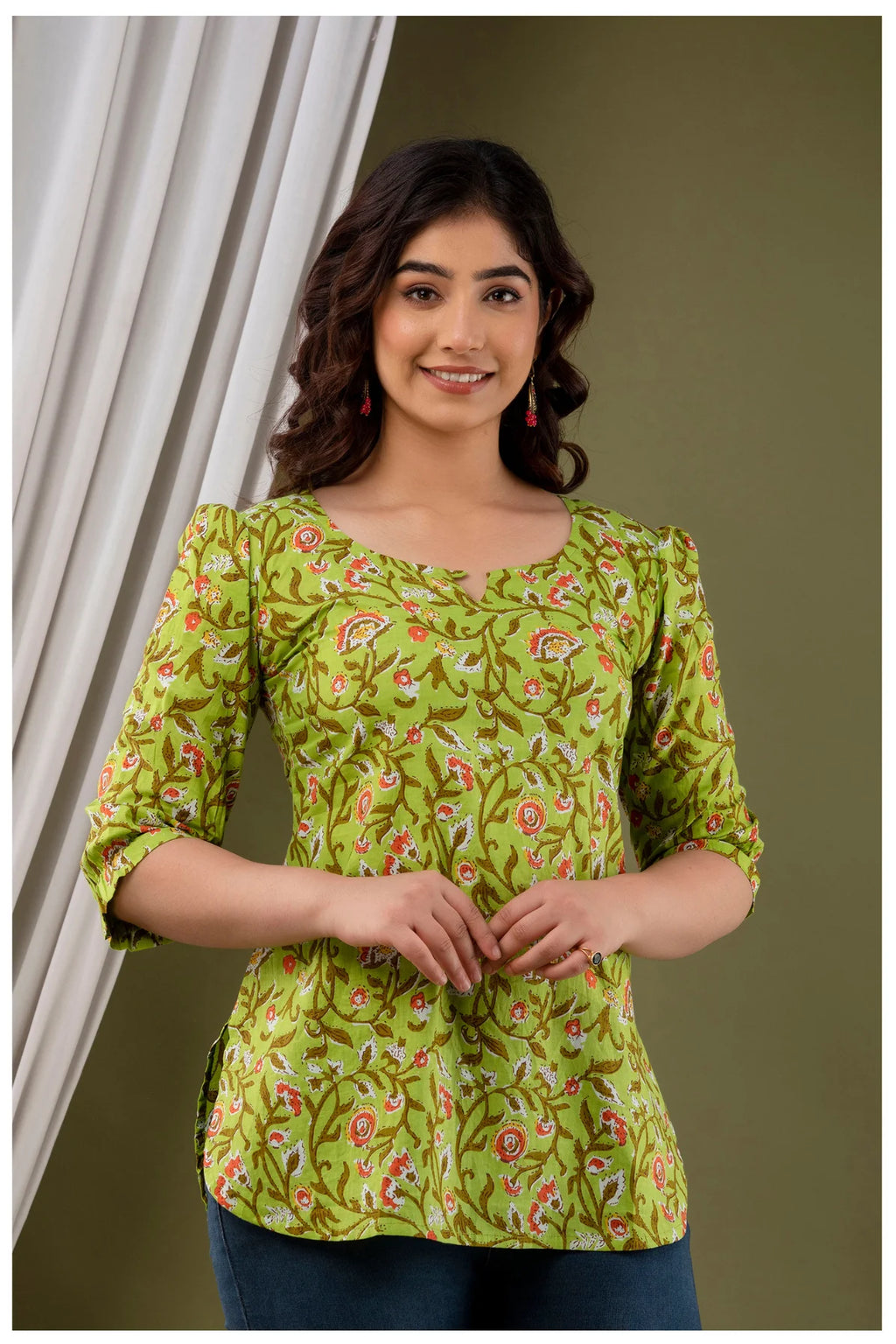 Olive Green Floral Print Cotton Kurti Top for Women